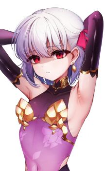 1girl armor armpits arms_up bikini_armor breasts collar commentary_request covered_navel detached_sleeves disgust dress earrings fate/grand_order fate_(series) hair_ribbon highres jewelry kama_(assassin)_(first_ascension)_(fate) kama_(fate) kama_(first_ascension)_(fate) kama_(young)_(fate) looking_at_viewer lotus_print metal_collar nonnbele69 partially_shaded_face purple_dress purple_sleeves red_eyes ribbon short_hair small_breasts white_hair