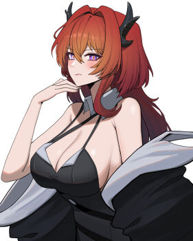 1girl absurdres arknights arknights:_endfield black_coat black_dress black_horns breasts cleavage coat commentary demon_girl demon_horns dress highres horns laevatain_(arknights) large_breasts long_hair looking_at_viewer oro_(lsg0624) purple_eyes red_hair solo surtr_(arknights) very_long_hair