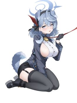 1girl absurdres ako_(blue_archive) animal_ears bell black_gloves black_hairband black_shoes black_skirt black_thighhighs blue_archive blue_eyes blue_hair blue_halo blue_shirt blush breasts commentary_request crossed_bangs crying dog_ears dog_tail extra_ears garter_straps gloves hair_between_eyes hairband halo highres large_breasts leash looking_to_the_side medium_hair neck_bell open_mouth shirt shoes sideboob sideless_shirt sitting skirt solo tail thighhighs thighs white_shirt xiaoxiaoyifan
