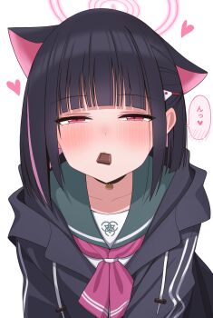 Rule 34 | absurdres, animal ears, black choker, black hair, black jacket, blue archive, blush, cat ears, cat girl, chocolate, choker, colored inner animal ears, colored inner hair, commentary request, extra ears, food in mouth, green sailor collar, halo, highres, jacket, kazusa (blue archive), multicolored hair, neckerchief, onsen (asnrtnbrsiku), pink hair, pink halo, pink neckerchief, red eyes, sailor collar, short hair, two-tone hair, valentine