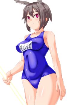 1girl bare_shoulders black_hair blue_one-piece_swimsuit blush breasts covered_navel fate/grand_order fate_(series) guriguri_(arayotto4351) head_wings highres looking_at_viewer medium_breasts name_tag one-piece_swimsuit ortlinde_(fate) polearm red_eyes school_swimsuit short_hair smile solo spear swimsuit thighs valkyrie_(fate) weapon wings