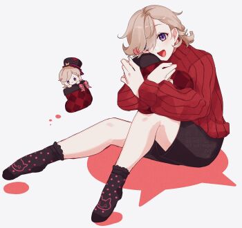 Rule 34 | 1boy, :d, black shorts, black socks, blonde hair, blush, character doll, christmas stocking, commentary request, doll, frilled socks, frills, genshin impact, hair over one eye, highres, long sleeves, looking at viewer, lyney (genshin impact), male focus, multicolored hair, nekorin chu, open mouth, parted bangs, polka dot, polka dot socks, purple eyes, red streaks, red sweater, ribbed sweater, short hair, short shorts, shorts, simple background, sitting, smile, socks, solo, streaked hair, sweater, swept bangs, turtleneck, turtleneck sweater, watermark, white background