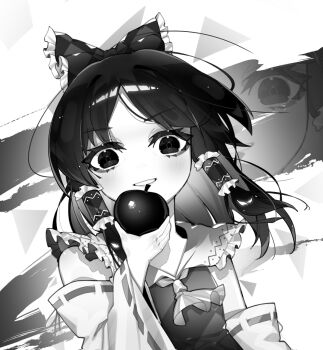 1girl apple ascot bare_shoulders bow chinese_commentary commentary_request detached_sleeves evil_grin evil_smile floating_hair food frilled_bow frilled_hair_tubes frilled_shirt_collar frills fruit greyscale grin hair_bow hair_tubes hakurei_reimu holding holding_food holding_fruit lace-trimmed_sleeves lace_trim light_blush looking_at_viewer medium_hair monochrome no_nose parted_bangs shirt sia_6767 sidelocks simple_background sleeveless sleeveless_shirt smile teeth touhou triangle_background upper_body v-shaped_eyebrows wide_sleeves zoom_layer