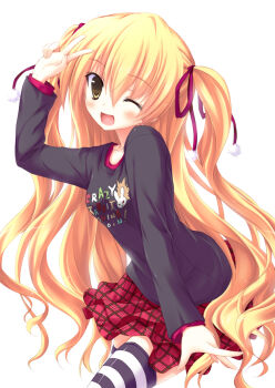 10s 1girl ;d blonde_hair blush breasts casual female_focus hair_ribbon long_hair one_eye_closed open_mouth papa_no_iu_koto_wo_kikinasai! plaid_clothes plaid_skirt pom_pom_(clothes) ribbon simple_background skirt small_breasts smile solo striped_clothes striped_thighhighs suien takanashi_miu thighhighs two_side_up v very_long_hair white_background wink yellow_eyes zettai_ryouiki