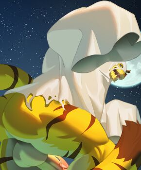 1boy absurdres animal_ears ass erection fangs fengcanyuezui furry furry_male ghost_costume hashtag-only_commentary highres looking_at_viewer male_focus morenatsu night night_sky open_mouth penis sky smile star_(sky) tail testicles tiger_boy tiger_ears tiger_stripes tiger_tail torahiko_oshima