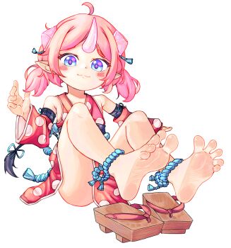 1girl barefoot blue_eyes chaosexceed commentary detached_sleeves feet foot_focus geta highres horns japanese_clothes original paid_reward_available pink_hair pointy_ears sandals soles solo toes