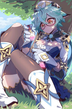 1girl absurdres animal_ears beret black_thighhighs blue_dress blue_sky blush boots breasts brooch chinese_commentary cleavage cloud commentary_request crossed_bangs dappled_sunlight day dress flying_sweatdrops genshin_impact glasses gloves grass green_hair hat highres holding imazawa jacket jewelry knee_boots knees_up liquid long_sleeves medium_breasts nose_blush outdoors ponytail semi-rimless_eyewear shrug_(clothing) sidelocks sitting sky solo sucrose_(genshin_impact) sunlight sweat thighhighs torn_clothes torn_thighhighs tree under_tree vial white_boots white_gloves white_hat white_jacket yellow_eyes