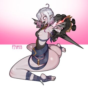 1girl ahoge ass bound bound_wrists breasts briar_(league_of_legends) chained_wrists colored_sclera colored_skin fingernails grey_hair grey_skin hair_between_eyes highres huge_ass league_of_legends looking_at_viewer multicolored_hair open_mouth pillory pink_hair pink_sclera piyay23 pointy_ears sharp_fingernails sharp_teeth sidelocks smile solo stirrup_legwear teeth toeless_legwear two-tone_hair vampire white_eyes