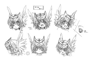 10s 1girl absurdres blush braid reference_sheet female_focus helmet highres long_hair looking_at_viewer looking_to_the_side mirim monochrome multiple_views official_art open_mouth queen&#039;s_blade queen&#039;s_blade_rebellion simple_background single_braid upper_body white_background winged_helmet