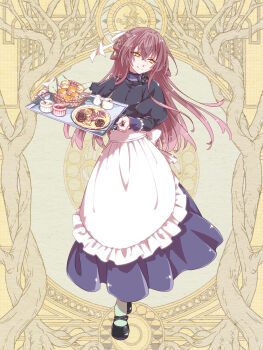 1girl anna_sehnsucht apron black_dress black_shoes brown_hair dairoku_ryouhei dessert dress food highres holding holding_tray long_hair long_sleeves momenko_(tw) puffy_long_sleeves puffy_sleeves ribbon shoes spoon standing tray white_ribbon yellow_background yellow_eyes