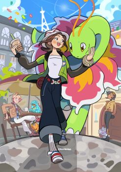 1boy 2girls absurdres ahoge alos_(alosrovolo) antennae bell-bottoms belt black_bodysuit black_hair blonde_hair blue_eyes blue_shirt blue_sky blush blush_stickers bodysuit breasts brown_eyes brown_hair brown_jacket bubble_tea building chair closed_eyes closed_mouth commentary confetti cookie cup dark-skinned_female dark_skin day disposable_cup drink drinking_straw emma_(pokemon) english_commentary espurr flower food gen_2_pokemon gen_5_pokemon gen_6_pokemon green_jacket hair_ornament hat highres holding holding_cup holding_drink jacket latex latex_bodysuit long_sleeves lumiose_city mega_ring meganium multiple_girls nintendo open_clothes open_jacket open_mouth outdoors pants paxton_(pokemon) pokemon pokemon_(creature) pokemon_legends:_z-a prism_tower purple_eyes ribbed_socks shirt shoes short_hair sitting sky smile socks starter_pokemon_trio striped_hat teeth tepig totodile umbrella urbain_(pokemon) white_hat white_shirt white_socks yellow_eyes