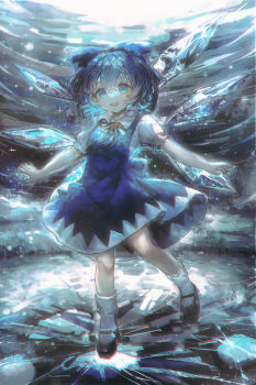 1girl absurdres black_shoes blue_bow blue_dress blue_eyes blue_hair bow brown_ribbon chinese_commentary chromatic_aberration cirno collared_shirt commentary_request dress frilled_sleeves frills full_body hair_between_eyes hair_bow hezaizhou highres ice ice_wings mary_janes neck_ribbon open_mouth outstretched_arms pinafore_dress puffy_short_sleeves puffy_sleeves ribbon shirt shoes short_hair short_sleeves sleeveless sleeveless_dress smile socks solo spread_arms tareme teeth touhou upper_teeth_only white_shirt white_socks wings