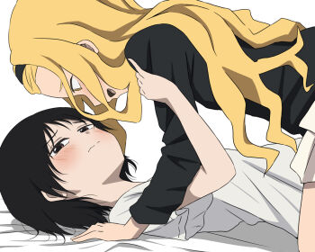 2girls black_hair black_hairband black_shirt blonde_hair blush brown_eyes closed_mouth commentary_request hairband kirarazaka_marina kuze_shizuka long_hair multiple_girls nekomimi_jc open_mouth shirt simple_background skirt straddling takopii_no_genzai white_background white_shirt white_skirt yellow_eyes yuri