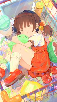 1girl absurdres baby_animal bird brown_hair cart chick closed_eyes commentary_request dress food from_above fruit hair_bobbles hair_ornament highres hugging_object kaai_yuki kou_koufu low_twintails lying on_side red_dress shirt short_twintails sleeping socks twintails vocaloid watermelon white_shirt white_socks