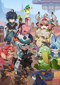 >_< 1girl 2boys :d ahoge ajaw_(genshin_impact) animal animal_ears aqua_streaks artist_name bell black_gloves black_hair black_shirt blue_eyes blue_pants brown_shoes cacucu_(genshin_impact) closed_mouth coat commentary cow_ears cow_girl cow_horns cowbell cowboy_hat dark-skinned_male dark_skin ear_bell english_commentary genshin_impact gloves hair_between_eyes hand_on_own_hip hand_up hat highres holding holding_animal holding_tweezers horns ifa_(genshin_impact) iktomisaurus_(genshin_impact) kinich_(genshin_impact) kneeling koholasaurus_(genshin_impact) multicolored_hair multiple_boys open_mouth outdoors pants pink_hair pixel_art ppyok_1017 purple_eyes qucusaurus_(genshin_impact) shirt shoes smile streaked_hair tatankasaurus_(genshin_impact) tepetlisaurus_(genshin_impact) varesa_(genshin_impact) white_coat white_hair yellow_eyes yumkasaurus_(genshin_impact)