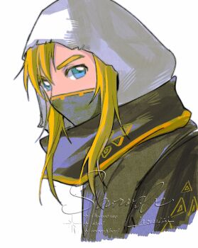 1boy black_cloak black_mask blonde_hair blue_eyes cloak cosplay covered_mouth gold_trim hair_between_eyes highres hood hood_up hyrule_warriors:_age_of_imprisonment link looking_at_viewer male_focus mask medium_hair mouth_mask mouyi mysterious_construct mysterious_construct_(cosplay) nintendo sample_watermark signature solo the_legend_of_zelda the_legend_of_zelda:_tears_of_the_kingdom upper_body watermark white_background white_hood