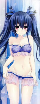 1girl bare_shoulders black_hair blue_bow blush bow bow_underwear bra breasts cleavage clothes_pull collarbone cowboy_shot embarrassed frilled_underwear frills hair_between_eyes higher_resolution_available highres lingerie long_hair looking_at_viewer medium_breasts navel neptune_(series) noire_(neptunia) official_art panties panty_pull pulling_own_clothes red_eyes source_request strap_slip thighs tsunako tsundere twintails underwear underwear_only