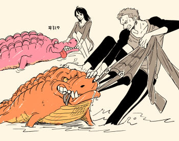 1boy 1girl clenched_teeth crocodile crocodilian earrings fighting hatch_(8cco) holding_cloth jewelry medium_hair nico_robin one_piece roronoa_zoro sharp_teeth short_hair smile sweatdrop teeth tongue tongue_out v-shaped_eyebrows