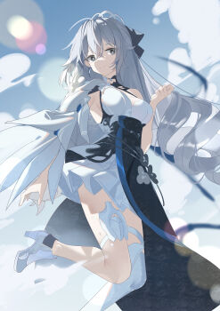 1girl absurdres alternate_breast_size_(smaller) blue_sky breasts bronya_zaychik bronya_zaychik_(silverwing:_n-ex) chinese_commentary cloud commentary dress drill_hair earrings grey_eyes grey_hair high_heels highres honkai_(series) honkai_impact_3rd jewelry long_hair looking_at_viewer medium_breasts qtian sky solo very_long_hair white_dress