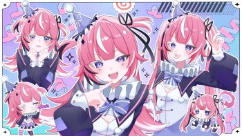 1girl black_sleeves breasts camila_(vtuber) chibi cleavage_cutout clenched_hands clothing_cutout clown dress facial_mark food hair_between_eyes hand_up hands_up hat heart heart_facial_mark highres index_finger_raised indie_virtual_youtuber kamaboko lilichanxxx long_hair looking_at_viewer mark_under_both_eyes medium_breasts mouth_hold multicolored_dress multiple_views narutomaki open_mouth party_hat pink_hair pink_nails purple_background purple_dress purple_eyes sharp_teeth tail teeth twintails virtual_youtuber white_dress white_hair