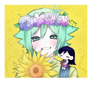 1boy 1girl antenna_hair basil_(headspace)_(omori) basil_(omori) blue_overalls closed_eyes closed_mouth colored_skin double-parted_bangs flower flower_wreath girly_boy green_eyes green_hair green_shirt grin hair_between_eyes head_wreath holding holding_picnic_basket long_hair looking_at_viewer mari_(headspace)_(omori) mari_(omori) mini_person minigirl nata_kadu omori open_mouth overalls picnic_basket purple_hair red_skirt shirt short_hair sidelocks skirt smile sunflower t-shirt teeth upper_body white_skin