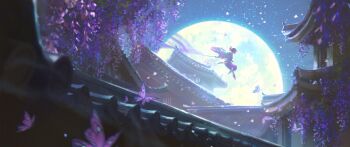 1girl architecture black_hair butter butterfly_hair_ornament commentary demon_slayer_uniform dewpearl_art east_asian_architecture english_commentary flower food from_side full_body full_moon hair_ornament highres japanese_clothes jumping kimetsu_no_yaiba kochou_shinobu moon night night_sky outdoors purple_flower purple_hair rooftop short_hair sky solo wisteria