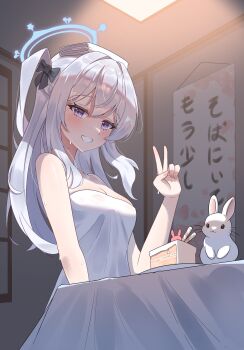 1girl absurdres blue_archive blue_halo blush cake cake_slice commentary_request food grey_hair grin halo highres long_hair looking_at_viewer misono_(misonokei) miyako_(blue_archive) naked_towel one_side_up purple_eyes rabbit smile solo towel towel_on_head v