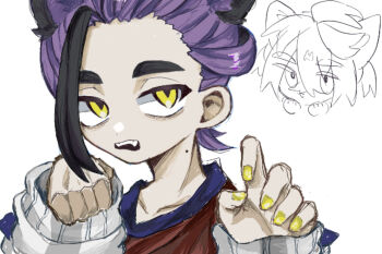 Rule 34 | 1boy, animal ears, cat boy, cat ears, claw pose, commentary request, crossed bangs, extra ears, hair between eyes, kieran (pokemon), long sleeves, looking to the side, loose hair strand, male focus, mole, mole on neck, multicolored hair, nintendo, open mouth, pokemon, pokemon sv, ponytail, sketch inset, solo, teeth, thick eyebrows, titara 1230, upper teeth only, yellow nails