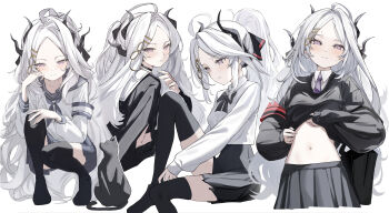 1girl absurdres ahoge armband bag black_skirt black_thighhighs blue_archive breasts clothes_lift demon_girl demon_horns highres hina_(blue_archive) horns layer_(shinobu) long_hair looking_at_viewer navel purple_eyes red_armband school_uniform shirt shirt_lift sitting skirt small_breasts thighhighs very_long_hair white_hair white_shirt