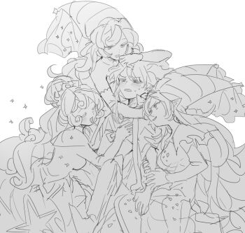 Rule 34 | 1boy, 3girls, bad id, bad twitter id, blush, breasts, cookie run, cookie run: ovenbreak, dress, fiery hair, fire spirit cookie, greyscale, hair bun, harem, hat, hetero, humanization, inactive account, long hair, monochrome, moonlight cookie, moonlight cookie (alluring crescent moon), moonlight cookie (blissful full moon), multiple girls, multiple persona, nana (ebitokanimiso), official alternate costume, painttool sai (medium), pointy ears, short hair, simple background, single hair bun, sketch, very long hair, white background