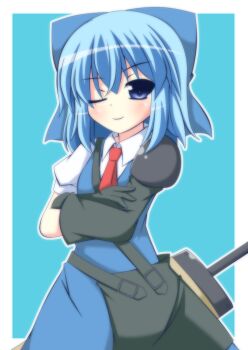 Rule 34 | 1girl, advent cirno, bag, blue background, blue dress, blue eyes, blue hair, bow, cirno, crossed arms, dress, female focus, gauntlets, hair bow, looking at viewer, masiromu, matching hair/eyes, one eye closed, shirt, short sleeves, smile, solo, touhou, wink