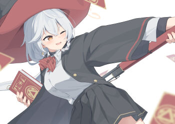 1girl ;d black_robe black_skirt blue_archive blurry blush bolt_action book bow bowtie braid breasts brown_eyes carcano collared_shirt commentary cowboy_shot crossed_bangs depth_of_field diagonal-striped_bow diagonal-striped_bowtie diagonal-striped_clothes dual_wielding dutch_angle earrings eri_(blue_archive) fighting_stance floating_card floating_hair grey_hair gun hair_between_eyes hat highres holding holding_book holding_gun holding_weapon hotarihotaru jewelry large_breasts long_hair long_sleeves looking_ahead low_ponytail miniskirt one_eye_closed open_clothes open_mouth open_robe outstretched_arm pleated_skirt ponytail red_bow red_bowtie rifle robe shirt simple_background single_braid skirt smile solo striped_bow striped_bowtie striped_clothes two-sided_fabric two-sided_headwear v-shaped_eyebrows weapon white_background white_shirt wide_sleeves witch witch_hat