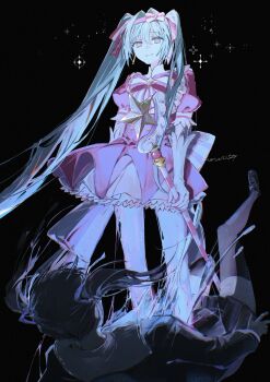 2girls black_hair black_serafuku black_shirt black_shoes black_skirt blue_eyes blue_hair bow bowtie closed_mouth commentary_request dress gloves hair_bow hair_ribbon hairband hatsune_miku highres holding holding_staff ima_sugu_rinne_(vocaloid) koppan long_hair mage_staff magical_girl multicolored_eyes multiple_girls pink_bow pink_bowtie pink_dress pink_eyes pink_hairband pink_ribbon ribbon school_uniform serafuku shirt shoes short_sleeves signature skirt smile staff star-shaped_pupils star_(symbol) symbol-shaped_pupils twintails two-tone_eyes very_long_hair vocaloid white_bow white_gloves