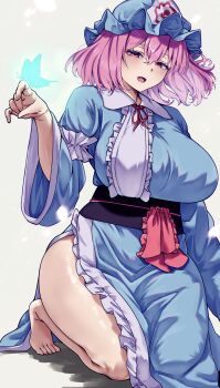 1girl absurdres barefoot blue_eyes blue_hat breasts bug butterfly butterfly_on_hand glowing_butterfly hat highres insect kneeling large_breasts looking_at_viewer mirufi_(milfiiiiyu) mob_cap open_mouth pink_hair saigyouji_yuyuko short_hair side_slit smile solo thighs touhou