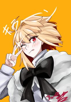 1girl :p absurdres ahoge arcueid_brunestud black_bow blonde_hair blush bow commentary_request floating_hair ggifz6618 hair_intakes highres looking_at_viewer official_alternate_costume one_eye_closed red_eyes short_hair smile solo sparkle tongue tongue_out translation_request tsukihime tsukihime_(remake) upper_body yellow_background