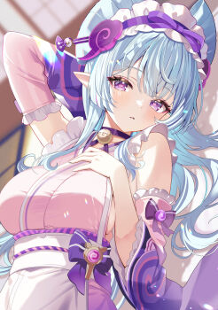 1girl absurdres arm_up bell blue_hair breast_suppress breasts commentary_request detached_sleeves genshin_impact highres japanese_clothes kimono large_breasts long_hair looking_at_viewer lying motsunuki neck_bell nihongami on_back parted_lips pink_kimono pink_pupils pink_sleeves pointy_ears sash sideboob sleeve_bow sleeveless sleeveless_kimono solo upper_body white_sash yumemizuki_mizuki