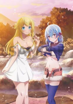 Rule 34 | 2girls, ahoge, blonde hair, blue eyes, blue hair, blush, braid, breasts, cleavage, closed mouth, collarbone, cowboy shot, evening, hair between eyes, hair ribbon, large breasts, long hair, long sleeves, looking at viewer, medium hair, mountain, multiple girls, navel, official art, onsen, outdoors, panties, red (shin no nakama), red eyes, red ribbon, ribbon, ruti ragnason, sample watermark, shin no nakama janai to yuusha no party wo oidasareta no de henkyou de slow life suru koto ni shimashita, shirt, short shorts, shorts, smile, standing, steam, thighhighs, thighs, underwear, undressing, watanabe ruriko, watermark