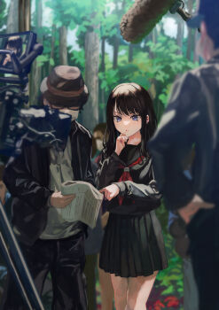 1boy 1girl black_hair black_jacket black_pants black_sailor_collar black_serafuku black_shirt black_skirt blue_eyes boom_microphone commentary_request forest glasses hand_on_own_chin hat highres holding holding_paper idolmaster idolmaster_shiny_colors jacket kazano_hiori long_hair mask microphone mole mole_under_mouth mouth_mask nature neckerchief open_clothes open_jacket otsudou pants paper parted_lips people pleated_skirt red_neckerchief sailor_collar school_uniform script serafuku shirt skirt swept_bangs video_camera white_shirt
