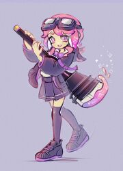Rule 34 | 1girl, black thighhighs, commentary, full body, goggles, goggles on head, grey background, highres, holding, holding weapon, looking at viewer, medium hair, nintendo, octobrush (splatoon), octoling, octoling girl, octoling player character, pink hair, pleated skirt, popop tart, purple eyes, shoes, simple background, skirt, solo, sparkle, splatoon (series), splatoon 3, standing, star (symbol), star in eye, symbol in eye, tentacle hair, thighhighs, weapon