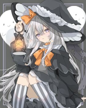 1girl black_dress blue_eyes bow dress ghost halloween halloween_costume hat highres holding lamp long_hair looking_at_viewer orange_bow original sitting solo thighhighs white_hair witch witch_hat yuni_0205