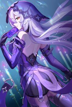 1girl ass black_shorts black_swan_(honkai:_star_rail) breasts card dress from_behind gloves holding holding_card honkai:_star_rail honkai_(series) kiki-yu large_breasts long_hair multicolored_eyes pantyhose purple_dress purple_gloves purple_hair purple_pantyhose purple_veil shorts solo tarot tarot_card two-tone_eyes veil very_long_hair