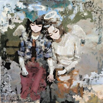 2girls abstract_background angel angel_wings bench black_hair blunt_bangs border brown_hair brown_shirt brown_skirt brush_stroke closed_eyes closed_mouth commentary commission denim denim_jacket dress english_commentary eyelashes facing_ahead faux_traditional_media feathered_wings feet_out_of_frame from_above haibane_renmei halo hand_on_own_leg highres hitboxsamurai holding_hands jacket jewelry long_hair long_sleeves multiple_girls necklace nemu_(haibane_renmei) on_bench ornate_border painterly pendant red_skirt reki_(haibane_renmei) shirt shoulder-to-shoulder sitting skirt sleeves_rolled_up smile straight_hair traditional_halo v-neck white_shirt wings