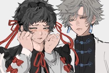 2boys black_eyes black_hair black_hairband blush changpao chinese_clothes closed_mouth commentary_request earrings frilled_hairband frills grey_eyes grey_hair hair_between_eyes hair_ribbon hairband half-closed_eyes hands_up jewelry long_sleeves looking_at_viewer male_focus mole mole_under_mouth multiple_boys neck_ribbon original parted_bangs parted_lips red_ribbon ribbon sahi00000 short_hair simple_background sweat white_background worried