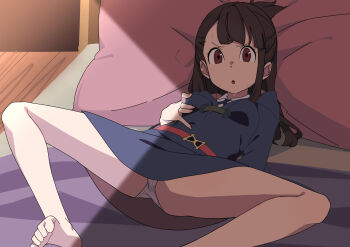 1girl :o barefoot belt breasts brown_hair commentary_request head_on_pillow highres kagari_atsuko little_witch_academia long_hair luna_nova_school_uniform lying medium_breasts morisobo on_back paid_reward_available panties parted_lips pillow red_belt red_eyes school_uniform solo thighs toes underwear white_panties
