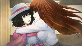 Rule 34 | 2girls, :o, black hair, blue eyes, blue skirt, bow, breasts, brown skirt, closed eyes, collared shirt, crying, game cg, glomp, happy tears, hat, high-waist skirt, highres, hug, huke, impossible clothes, large breasts, long hair, long sleeves, medium hair, multiple girls, official art, open mouth, pink bow, pink sash, red hair, red scarf, ringed eyes, sash, scarf, science adventure, shiina kagari, shiina mayuri, shirt, skirt, steins;gate, steins;gate 0, surprised, tears, teeth, tongue, upper teeth only, waist bow, waist sash, white shirt, winter clothes, yellow trim