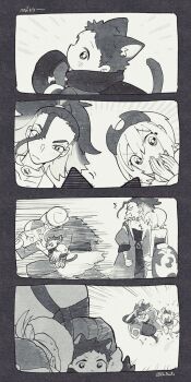 1girl 3boys ? adaman_(pokemon) animal_ears backpack bag cat_ears cat_tail commentary covering_own_mouth english_commentary eyebrow_cut ginkgo_guild_uniform greyscale highres irida_(pokemon) looking_at_another mini_person miniboy monochrome multiple_boys nears nintendo pokemon pokemon_legends:_arceus rei_(pokemon) running tail twitter_username v-shaped_eyebrows volo_(pokemon)