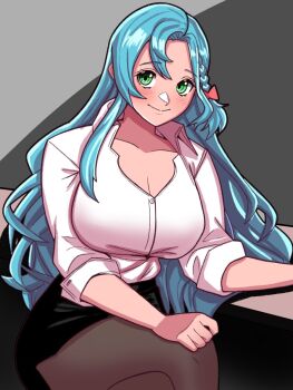 1girl alternate_costume blouse blush bow braid breasts chloe_(fire_emblem) cleavage crossed_legs fire_emblem fire_emblem_engage green_eyes green_hair hair_bow large_breasts long_hair mnejing30 nintendo office_lady pantyhose shirt sitting skirt solo wavy_hair