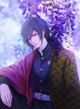 1boy belt belt_buckle black_hair black_jacket black_pants blue_eyes buckle buttons chinese_commentary closed_mouth commentary demon_slayer_uniform empty_eyes gold_buttons hair_between_eyes haori high_collar highres jacket japanese_clothes kikkoumon kimetsu_no_yaiba long_hair looking_at_viewer low_ponytail male_focus pants ponytail print_haori qgailz red_haori sitting solo spiked_hair tomioka_giyuu v-shaped_eyebrows white_belt