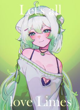 >:) 1girl absurdres ahoge animal_ears bare_shoulders black_bra blush bra bra_strap breasts cleavage cleavage_cutout clothing_cutout english_text ferret ferret_ears ferret_girl food fruit gradient_hair green_background green_eyes green_hair green_sweater hair_between_eyes hair_ornament hairband hairclip head_tilt highres indie_virtual_youtuber jewelry kokomi_(aniesuakkaman) laimu_(vtuber) laimu_(cozy)_(vtuber) lime_(fruit) lime_slice medium_breasts multicolored_hair necklace simple_background smile smug sweater twintails two-tone_hair underwear v-shaped_eyebrows vinesauce virtual_youtuber white_hair white_sweater