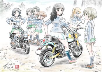 10s 6+girls arm_support artist_name black_hair black_legwear black_ribbon blue_coat brown_footwear brown_hair buttons cellphone check_commentary closed_eyes coat commentary_request dated day double-breasted emblem fence finger_to_mouth flexing freckles frown girls_und_panzer glasses grass green_skirt grimace grin hair_ribbon hand_on_own_stomach helmet highres holding holding_phone honda honda_monkey kubota_shinji laughing loafers long_sleeves making_faces maruyama_saki miniskirt motor_vehicle motorcycle multiple_girls murakami_(girls_und_panzer) on_motorcycle ooarai_naval_school_uniform ooarai_school_uniform oono_aya opaque_glasses outdoors parted_bangs phone pleated_skirt pointing print_legwear ribbon riding round_eyewear sailor_collar sakaguchi_karina sawa_azusa school_uniform shark shoes shushing signature sitting skirt sky sleeves_rolled_up smartphone smile socks sweatdrop tearing_up tree twintails utsugi_yuuki v-shaped_eyebrows vehicle_request watermark white_skirt winter_uniform yamagou_ayumi